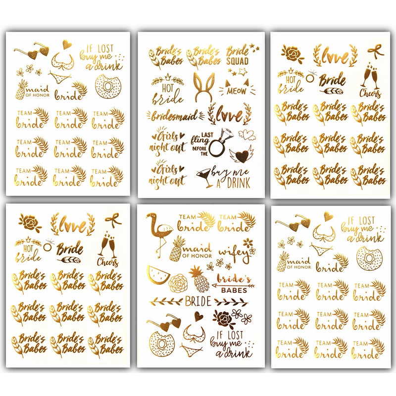 Tropical Bride Bachelorette Temporary Tattoos - Over 100 Team Bride Tribe Metallic Tattoos (6 Sheets) Gold Designs Bachelorettesy Emma Collection