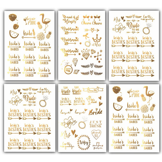 Team Bride Bachelorette Temporary Tattoos - 100 Bride Tribe Metallic Tattoo Boho Designs Gold Silver (6 Sheets) Bachelorettesy Zoe Collection