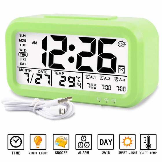 Alarm clock, Aitey Digital Alarm Clock for kids, Time/Date/Temperature Display, Snooze Function, 3 Alarms, Optional Weekday Mode, USB Charging (Green)