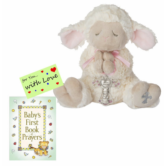 Baptism Christening Gifts for Girls Serenity Lamb w/Crib Cross and Book of Prayers w/Gift tag (Pink Girl)