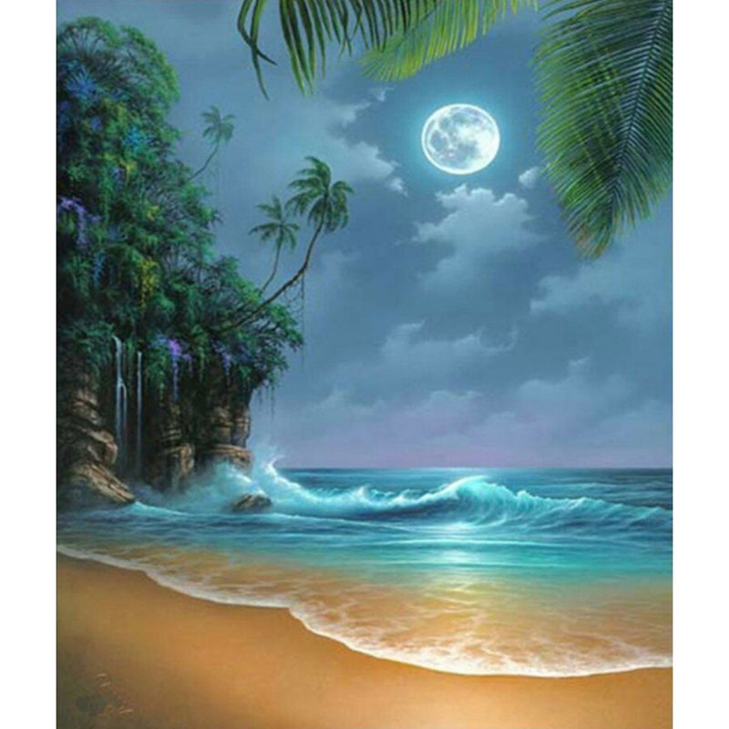 DIY 5D Diamond Painting Kit, Full Diamond Seaside Moon Beach Embroidery Rhinestone Cross Stitch Arts Craft Supply for Home Wall Decor