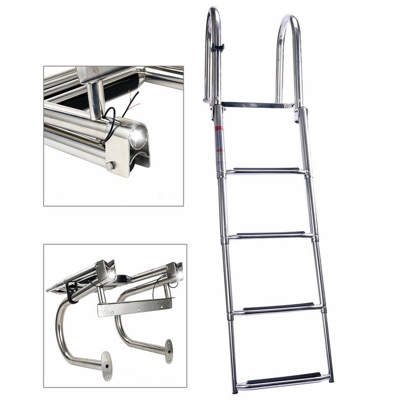 Amarine-made 4 Step Premium Stainless Folding Rear Entry Pontoon Boat Ladder w/Extra Wide Step with led light