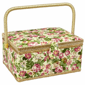 Sewing Basket with Rose Floral Print Design- Sewing Kit Storage Box with Removable Tray, Built-In Pin Cushion and Interior Pocket - Large - 12" x 9" x 6" - by Adolfo Design