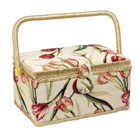 Sewing Basket with Tulip Floral Print Design- Sewing Kit Storage Box with Removable Tray, Built-In Pin Cushion and Interior Pocket - Medium - 11" x 7" x 5.5" - by Adolfo Design