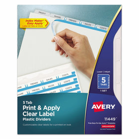 Avery Print & Apply Clear Label Plastic Tab Dividers, Index Maker Easy Apply Strip, 5-Tab Divider Set (11449)