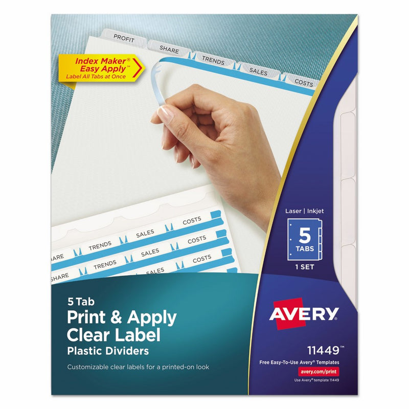 Avery Print & Apply Clear Label Plastic Tab Dividers, Index Maker Easy Apply Strip, 5-Tab Divider Set (11449)
