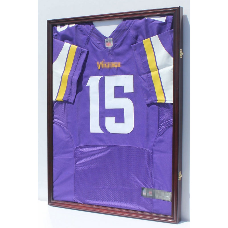 PRO UV Protection Baseball, Hockey, Basketball, Football Jersey Display Case Wall Shadow Box, LOCKABLE, Mahogany (JC04-MA)