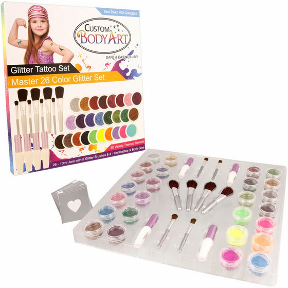 Glitter Tattoo Kit by Custom Body Art 26 Color "Master" Glitter & Body Art Set with 26 Large Glitter Colors, 50 Uniquely Themed Temporary Tattoo Stencils, 4 Glue Applicator Bottles & 8 Glitter Brushes