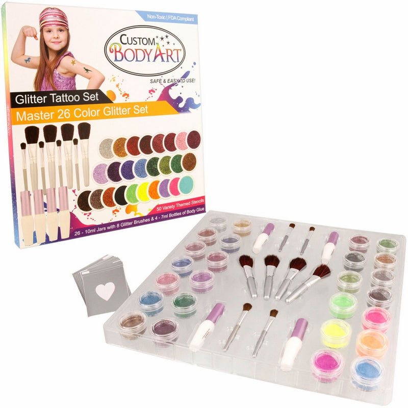 Glitter Tattoo Kit by Custom Body Art 26 Color "Master" Glitter & Body Art Set with 26 Large Glitter Colors, 50 Uniquely Themed Temporary Tattoo Stencils, 4 Glue Applicator Bottles & 8 Glitter Brushes