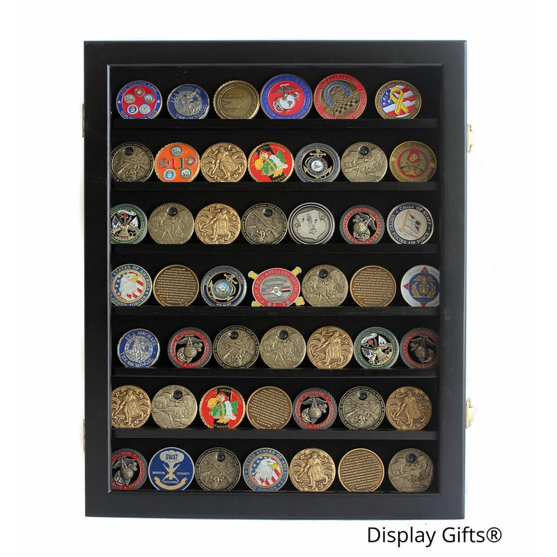 Military Challenge Coin Display Case Cabinet Rack Shadow Box Wood, (COIN46-BL)
