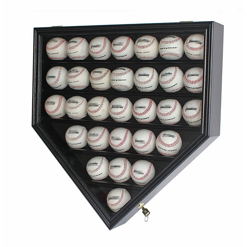 30 Baseball Display Case Cabinet Holder Rack Home Plate Shaped w/UV Protection- Lockable B30H-BL