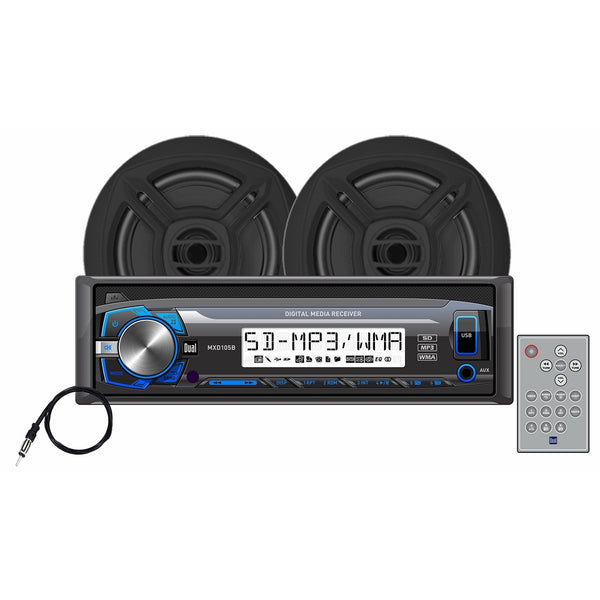 Dual Electronics MCP103B Multimedia Detachable Single DIN Marine Stereo with Built-In Bluetooth, USB & SD Card Ports, Two 6.5 inch Dual Cone Marine Speakers & Marine Antenna