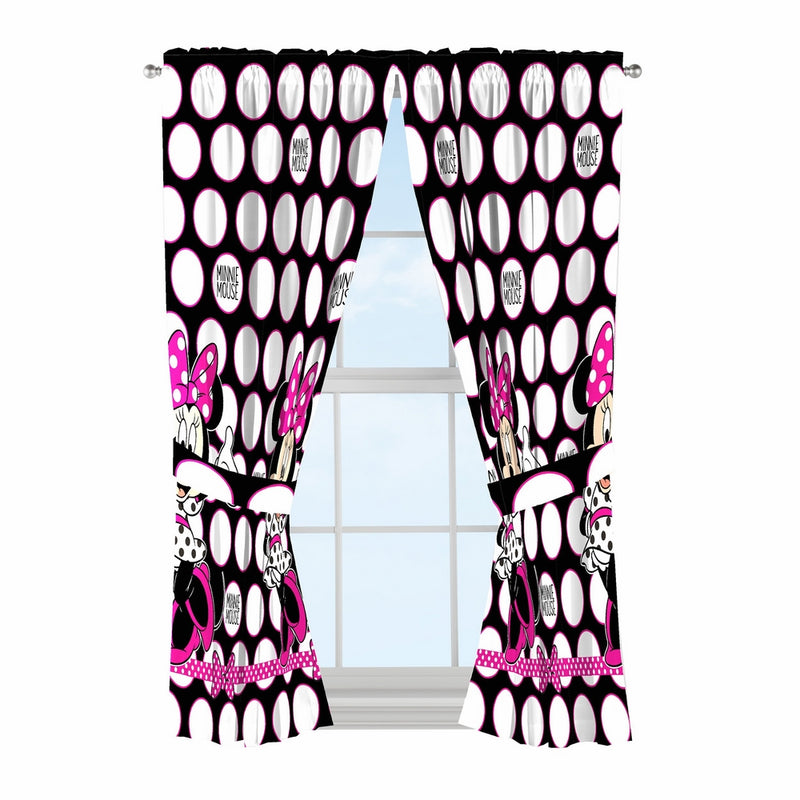 Disney Minnie Mouse Dots Are New Black Microfiber 4 Piece Curtain Panel & Tie Back