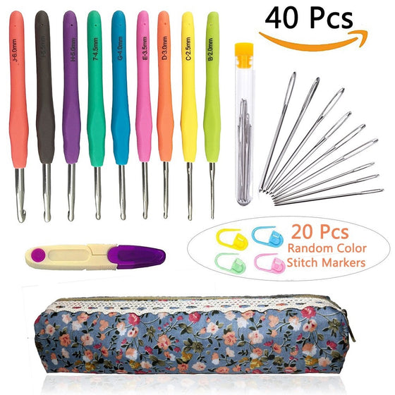 Crochet Needles and Crochet Hooks Set,Crochet Hook Set with Case Plus Large-Eye Blunt Needles Yarn Knitting,Scissors and Locking Stitch Marke,American Letter Sizes B,C,D,E,G,7,H,I,J(40 Pieces)