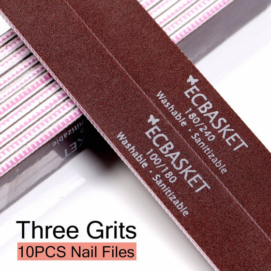 ECBASKET Nail File Emery Boards For Nails Acrylic Nail Files 100 180 240 Grits Washable Double Sided Gel Nail Files 10PCS