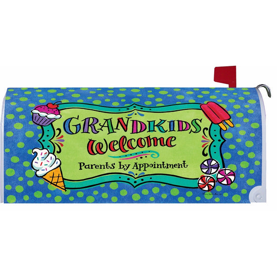 Grandkids Welcome - Mailbox Makover Cover - Vinyl witn Magnetic Strips for Steel Standard Rural Mailbox - Copyright, Licensed and Trademarked by Custom Decor Inc.