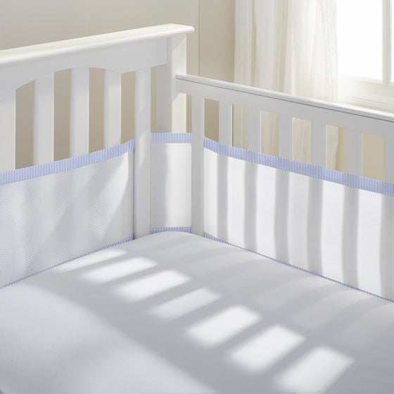 BreathableBaby | Breathable Mesh Crib Liner | Doctor Endorsed | Helps Prevent Arms and Legs from Getting Stuck Between Crib Slats | Independently Tested for Safety | White w/Light Blue Seersucker