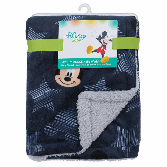 Disney Mickey Mouse Hello World Star/Icon Super Soft Double Sided Velour/Sherpa Baby Blanket, Navy, Grey, White