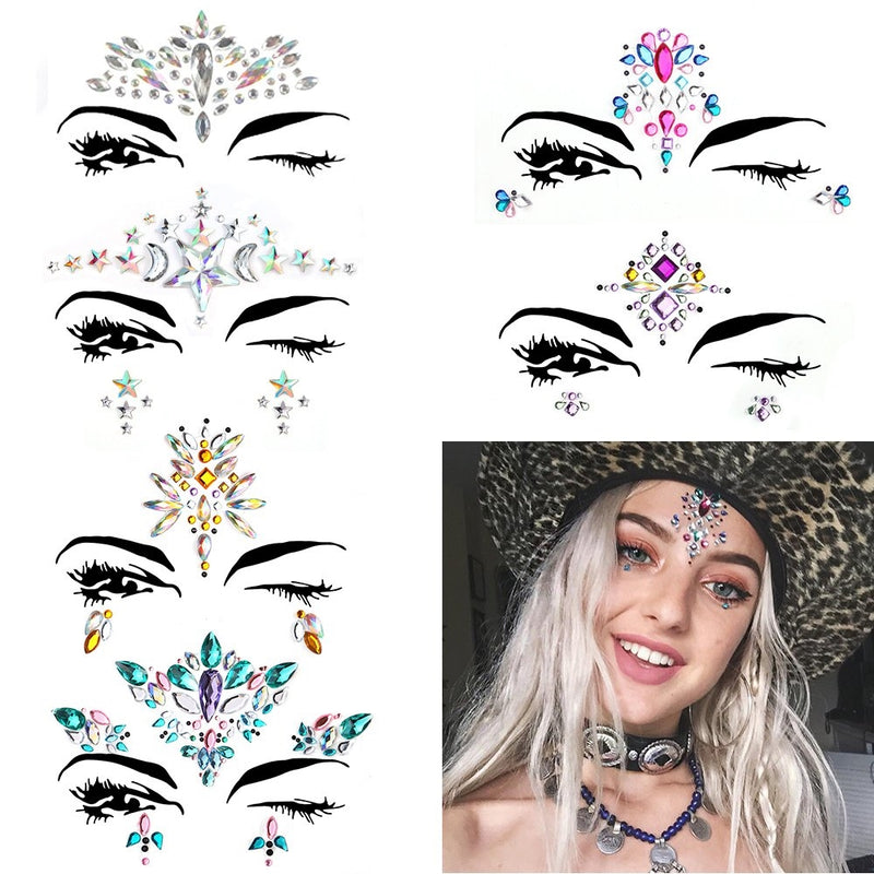 6 Sets Women Mermaid Face Gems Glitter,Rhinestone Rave Festival Face Jewels,Bindi Crystals Face Stickers, Eyes Face Body Temporary Tattoos for Music Festivals Vibe Bohemian Coachella