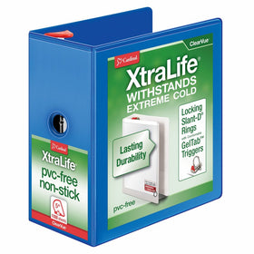 Cardinal XtraLife 3-Ring Binder, 5", w/ Shelf Pull, Locking Slant-D Rings, ClearVue Presentation Binder, Holds 1,100 Sheets, PVC-Free, Blue (26352)