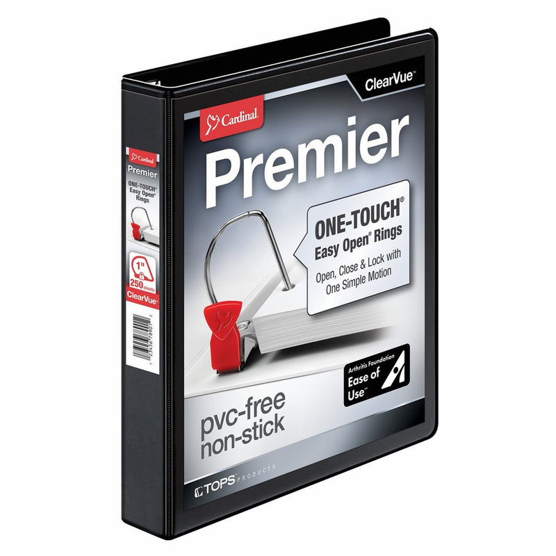 Cardinal Premier Easy Open 3-Ring Binder, 1", ONE-TOUCH Easy Open Locking Slant-D Rings, 250-Sheet Capacity, ClearVue Cover, PVC-Free, Black (10301)