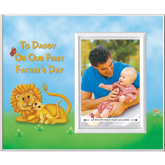 First Father's Day Picture Frame Gift | Affordable, Colorful and Fun | Holds 3.5 x 5 Photo | Boy or Girl Nursery Decor | Dad and Baby Lion Theme | Innovative Front-Loading Design