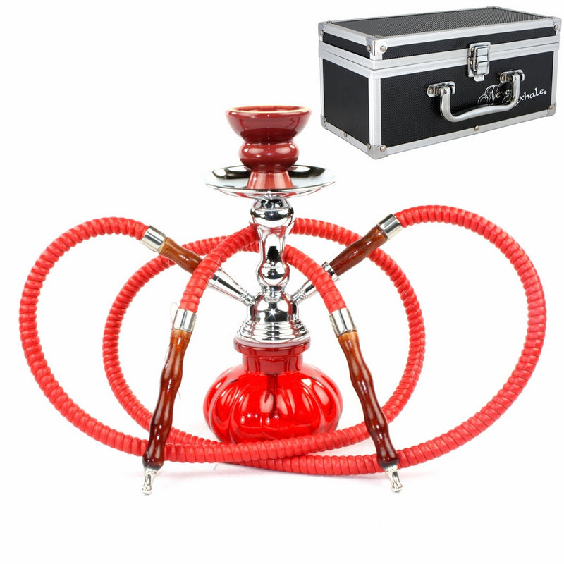 GSTAR 11" Premium 2 Hose Hookah Complete Set - Mini Pumpkin Hookah Glass Vase - Pick Your Color (Crimson Red Case)