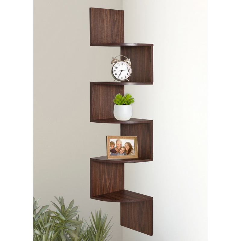 Greenco 5 Tier Wall Mount Corner Shelves Walnut Finish