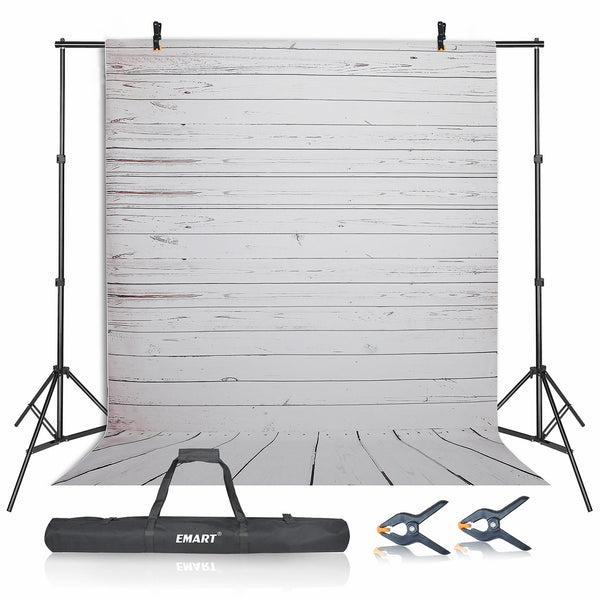 Emart Photography Backdrop Background Kit, 10ft Adjustable Backdrop Stand Support System with 5x10ft Vinyl Plastic White Wood Floor Background Screen for Photo Video Studio Shooting