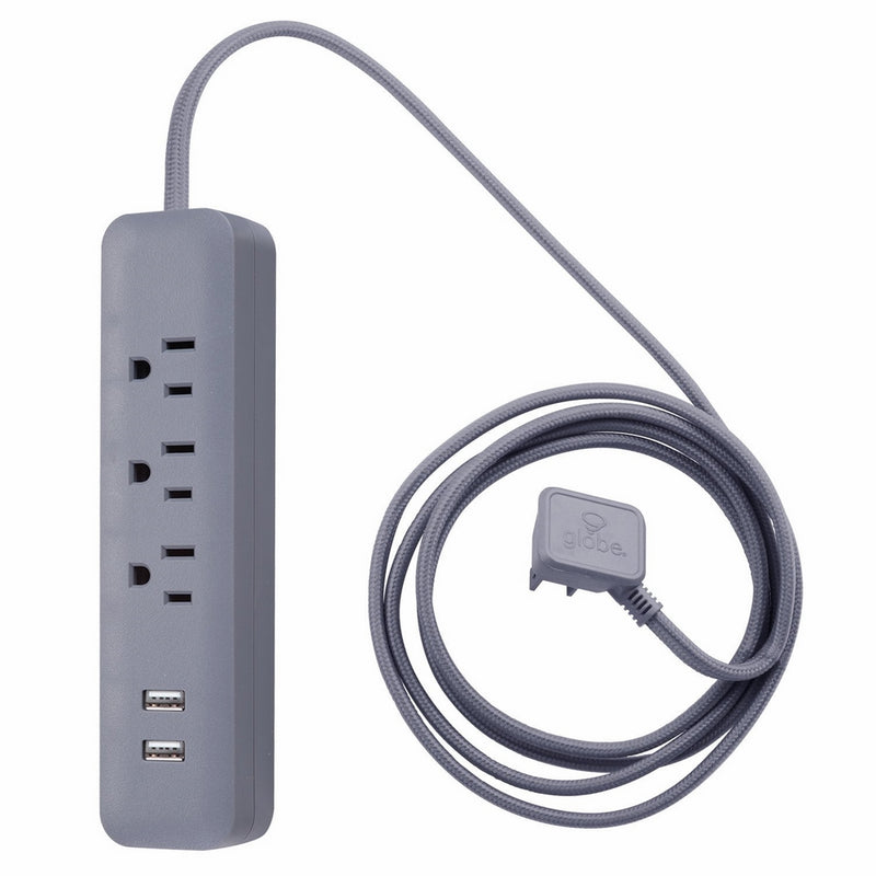 Globe Electric 78252 Designer Series 6ft 3-Outlet Power Strip, 2x USB Ports, Surge Protector, Gray Finish, Grey