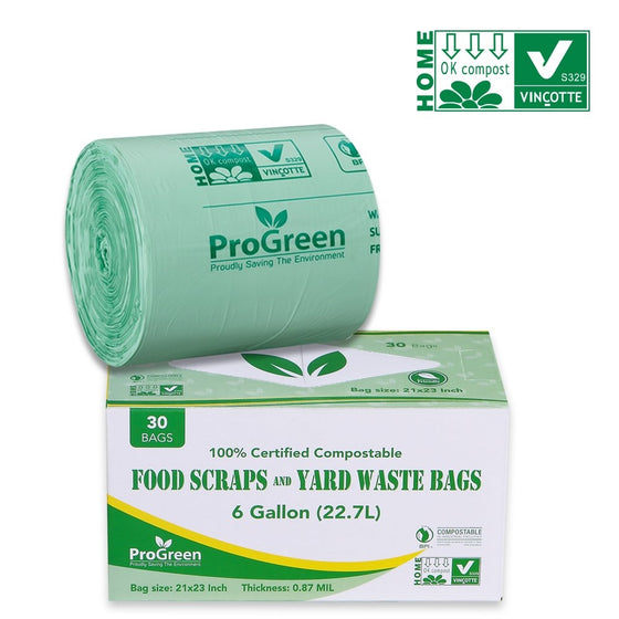 ProGreen 100% Compostable Bags 6 Gallon, Extra Thick 0.87 Mil, 30 Count, Small Kitchen Trash Bags, Food Scraps Yard Waste Bags, Biodegradable ASTM D6400 BPI And VINCOTTE Certified