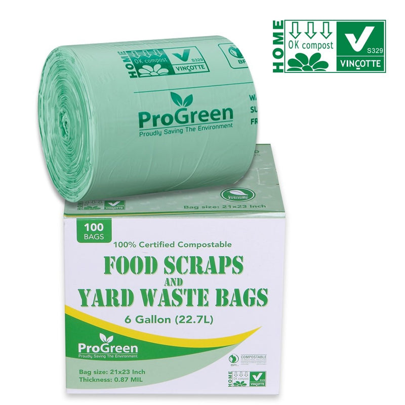 ProGreen 100% Compostable Bags 13 Gallon, Extra Thick 0.87 Mil, 100 Count, Small Kitchen Trash Bags, Food Scraps Yard Waste Bags, Biodegradable ASTM D6400 BPI And VINCOTTE Certified