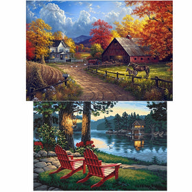 2 Pack 5D DIY Diamond Painting Set Full Drill Arts Crafts Wall Stickers For Living Room Village Farm(12X18 inches)Village River(12X16 inches)