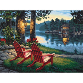5D DIY Diamond Painting, Embroidery Painting Wall Sticker for Wall Decor, Full Drill, Two Chairs Beside The Lake (12 x 16inch)