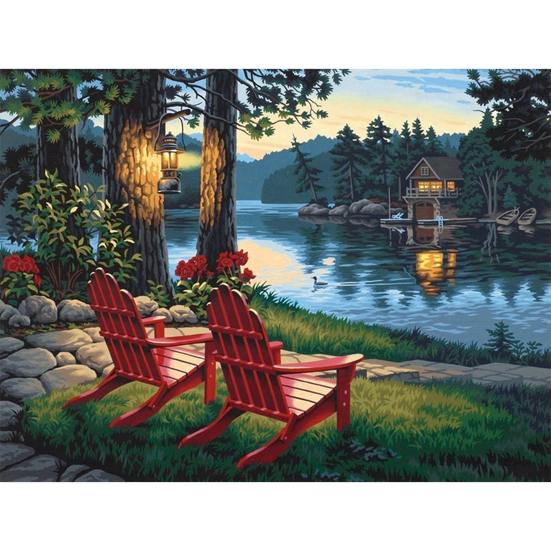 5D DIY Diamond Painting, Embroidery Painting Wall Sticker for Wall Decor, Full Drill, Two Chairs Beside The Lake (12 x 16inch)