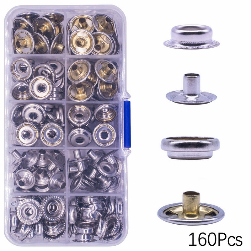 160 Pcs Snaps Fastener, (Marine Grade, 40 of Each Piece Caps/Studs/3/8 Sockets/Posts) Heavy Duty Metal Snaps Button for Boat Canvas By YZS, 40 Sets