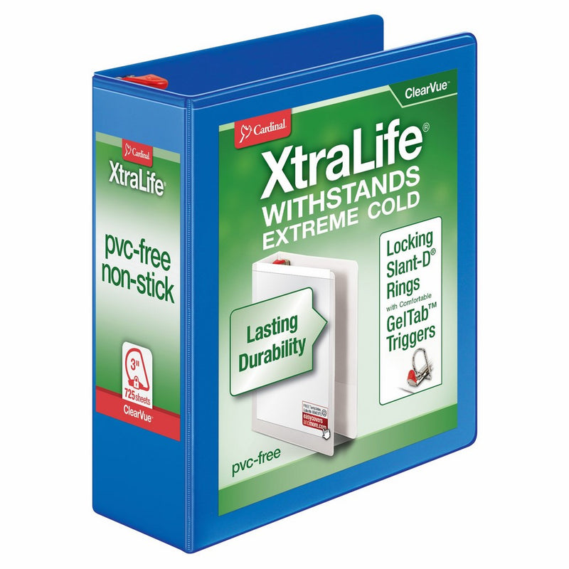 Cardinal XtraLife 3-Ring Binder, 3", Locking Slant-D Rings, ClearVue Presentation Binder, Holds 725 Sheets, PVC-Free, Blue (26332)