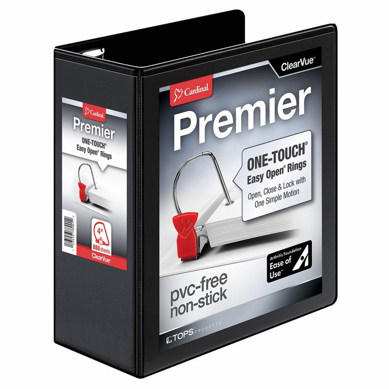 Cardinal Premier Easy Open 3-Ring Binder, 4", ONE-TOUCH Easy Open Locking Slant-D Rings, 880-Sheet Capacity, ClearVue Cover, PVC-Free, Black (10341)