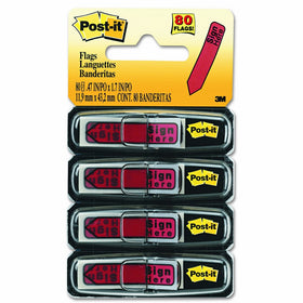 Post-it Message Flags,Sign Here, Red, 0.47 in. Wide, 20/Dispenser, 4 Dispensers/Pack, (684-RDSH)
