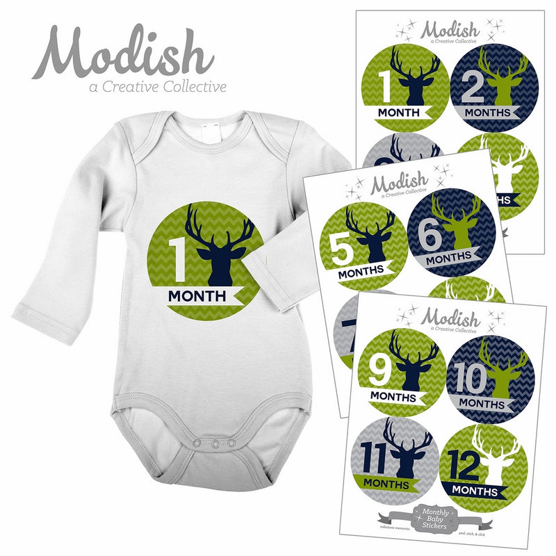 12 Monthly Baby Stickers, Deer, Antlers, Boy, Baby Belly Stickers, Baby Month Stickers, First Year Stickers Months 1-12, Chevron, Green, Lime, Blue, Navy, Gray, Grey, Woodland, Baby Boy