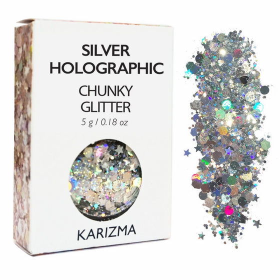 Silver Holographic Chunky Glitter COSMETIC GLITTER KARIZMA Festival Beauty Makeup Face Body Hair Nails