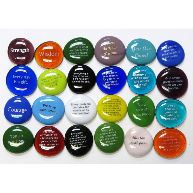 Encouragement Stones, Set of 24 Motivational and Inspirational Quotes and Sayings on Translucent and Opaque Glass Stones, by Lifeforce Glass.