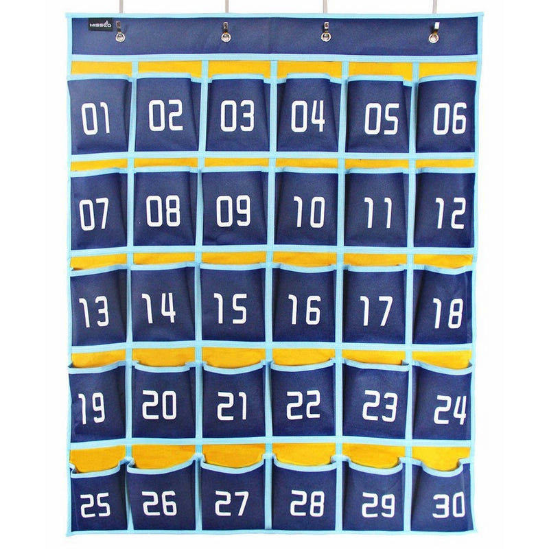 MISSLO Numbered Classroom Pocket Chart for Cell Phones (30 Pockets, Blue Pockets)