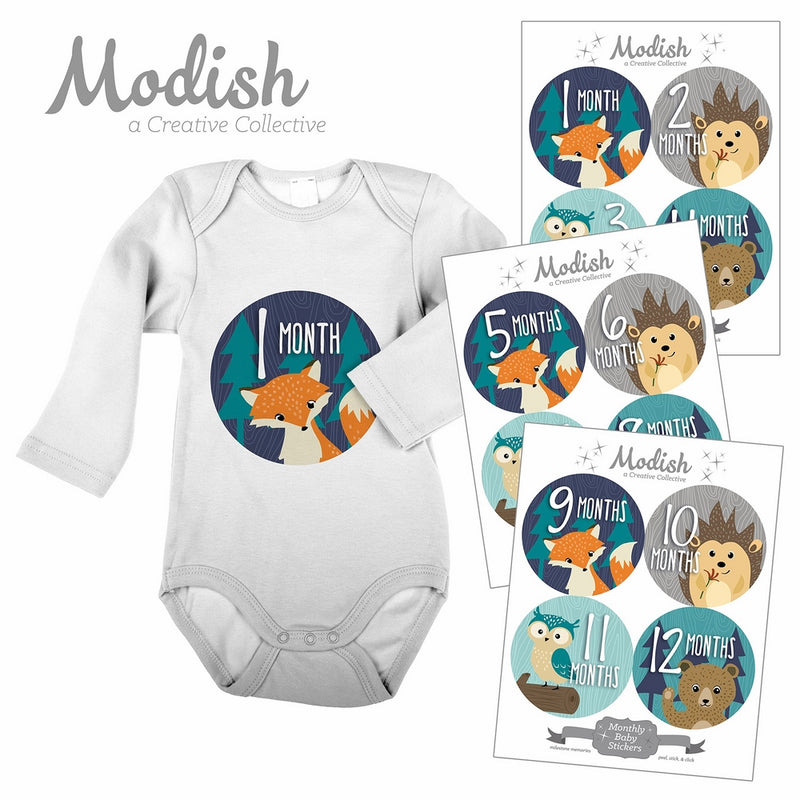 Modish Labels, 12 Monthly Baby Stickers, Baby Boy, Woodland, Baby Month Stickers, Fox, Bear, Hedgehog, Owl, First Year Stickers, Baby Book Keepsake, Photo Prop, Baby Shower Gift