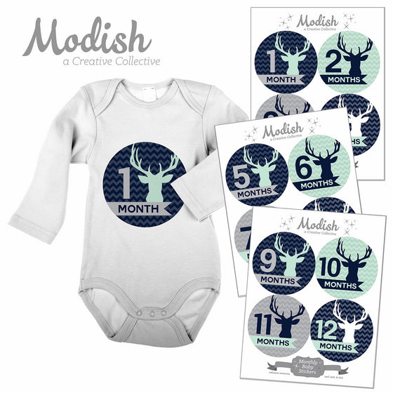 Modish Labels, 12 Monthly Baby Stickers, Baby Boy, Woodland, Deer, Antlers, Chevron, Mint, Navy Blue, Gray, Grey, Baby Month Stickers, Baby Book Keepsake, Photo Prop, Baby Shower Gift