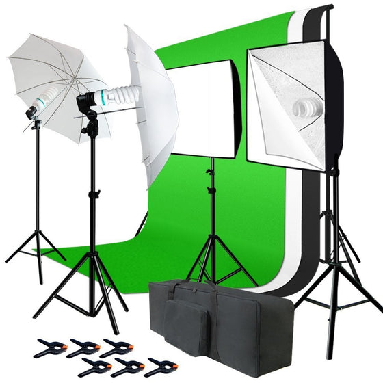 Julius Studio Photo Studio Kit 6 x 9 ft. Green White Black Muslin Backdrop Screen & Supporting System, Umbrella Reflector, Light Bulb, Soft Box Light Diffuser, Socket, Tripod Light Stand, JSAG195