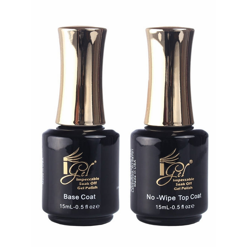 iGel Impeccable Soak Off Gel Polish Base Coat No-Wipe Top Coat Kit Set (15mL - 0.5 fl oz per bottle)