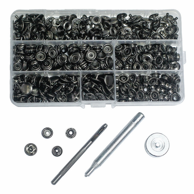 Inton 100 Sets - 12mm(1/2") Metal Line 24 Gunmetal Black Plated Steel Snaps Fastener Leather Rapid Rivet Button Sewing with Seting Tool (12mm, Gun black)