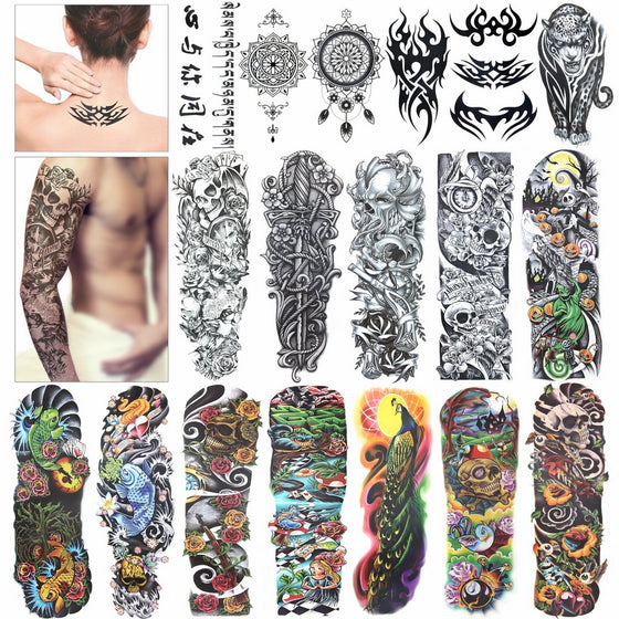 Konsait Full Arm Temporary Tattoo, Extra Temporary Tattoo Black tattoo Body Stickers for Man Women (18 Sheets)