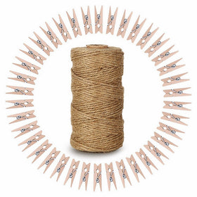328 Feet Natural Jute Twine with 100 Pcs Mini Natural Wooden Clothespins Photo Pegs Craft Clips